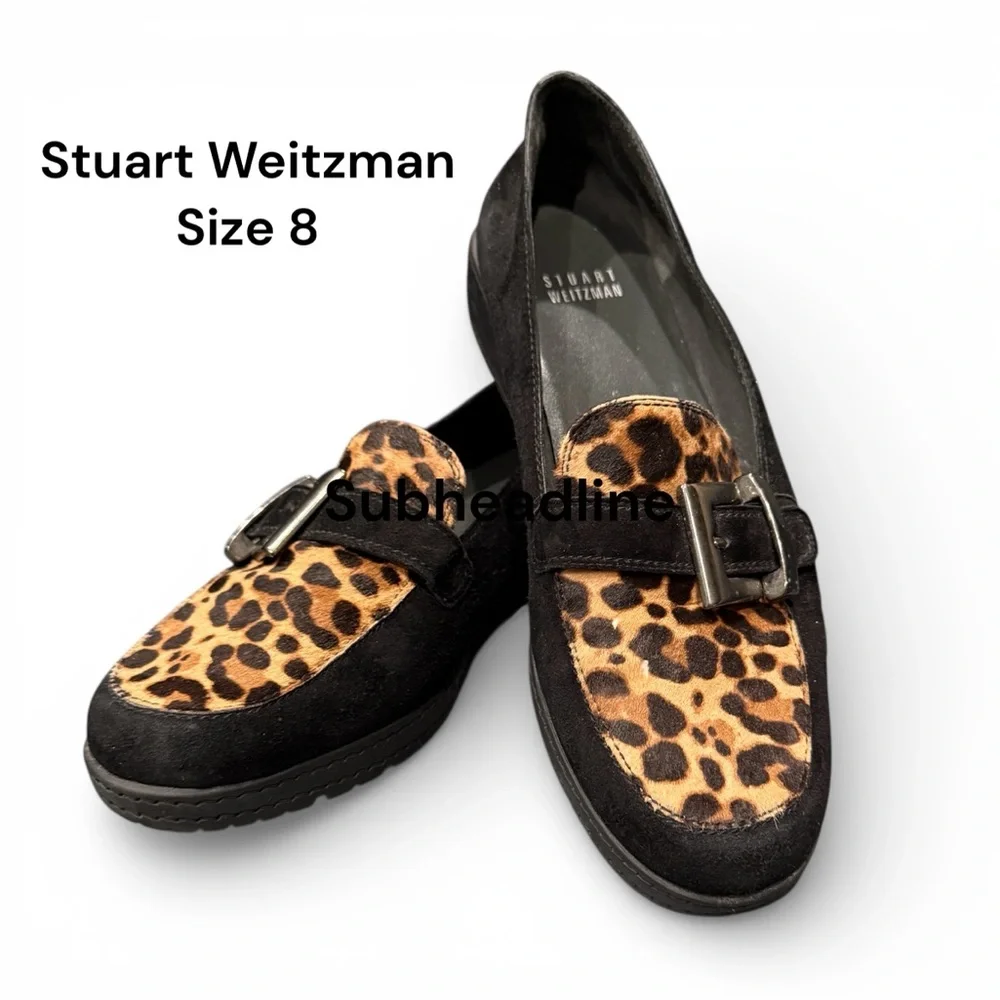 STUART WEITZMAN Black Suede & Animal PrintCalf Hair Loafers Size 8 EUC - Picture 1 of 7
